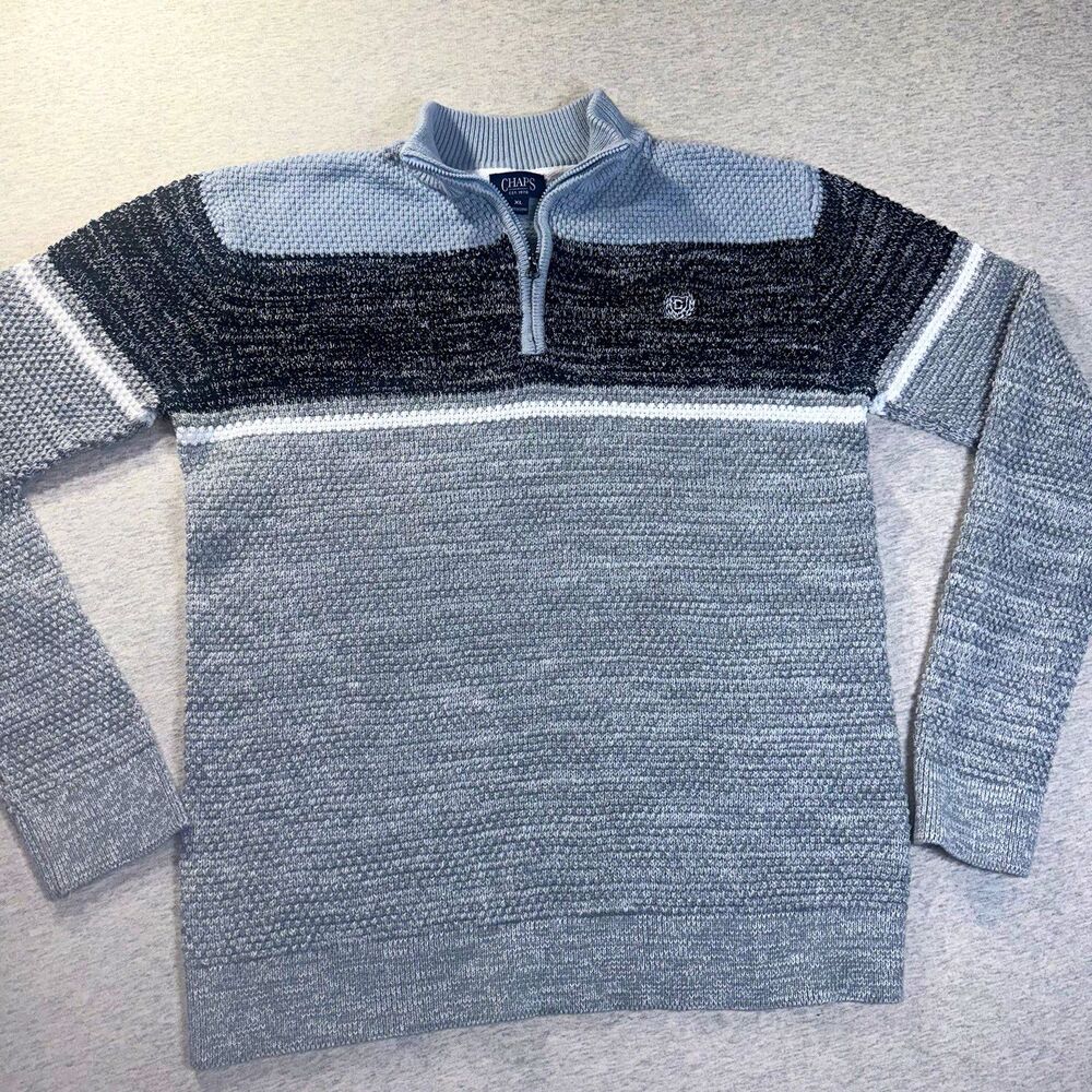Chaps Men's Gray/Black/White Striped Mock Neck 1/4 Zip Knit Cotton Sweater, XL